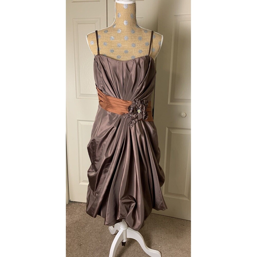 Simone Carvalli Dress Brown Woodland Forest Fairy Ruched Floral Appliqué Size 12